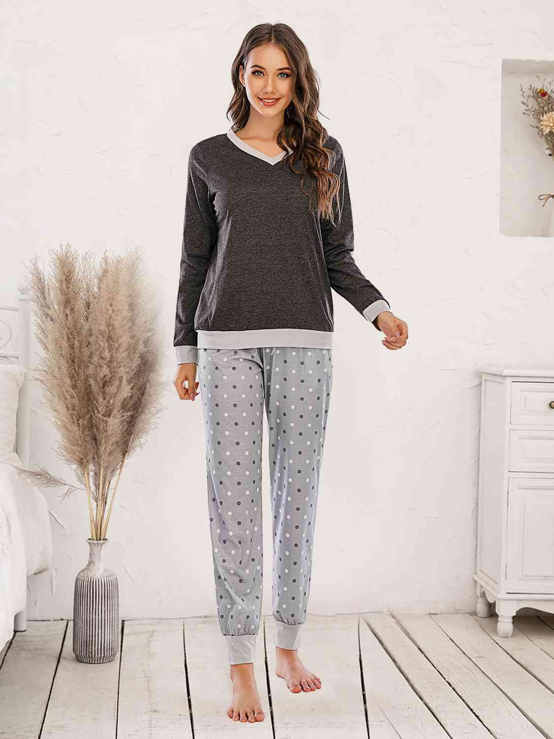 Long Sleeve Top and Polka Dot Pants Set - TRENDMELO