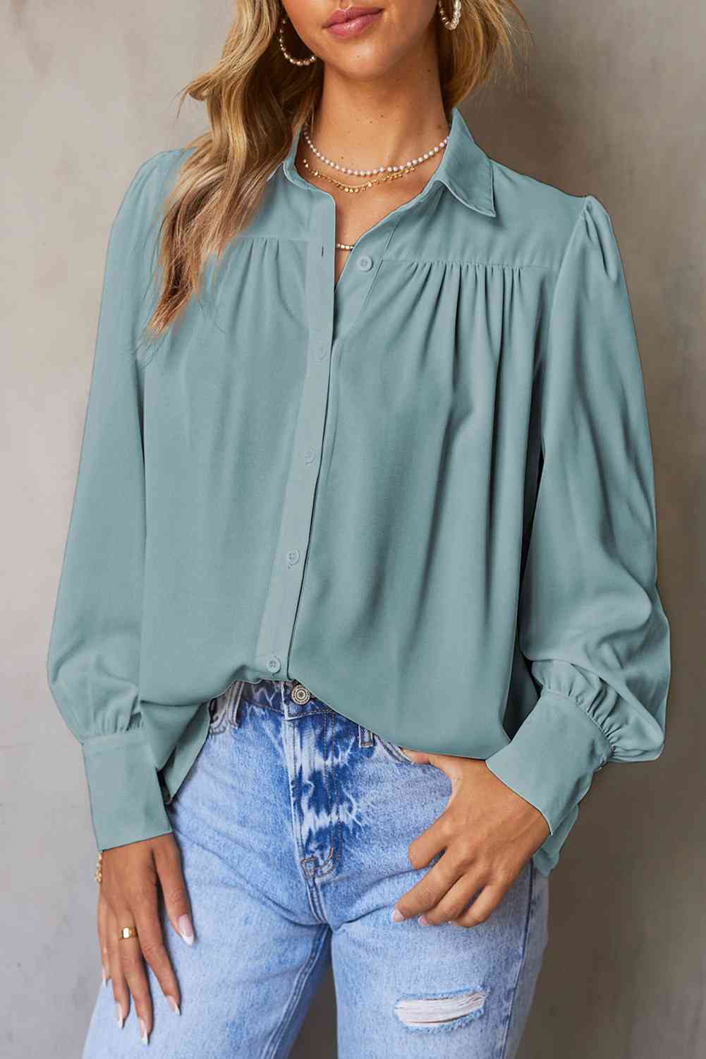 Gathered Detail Puff Sleeve Shirt - TRENDMELO