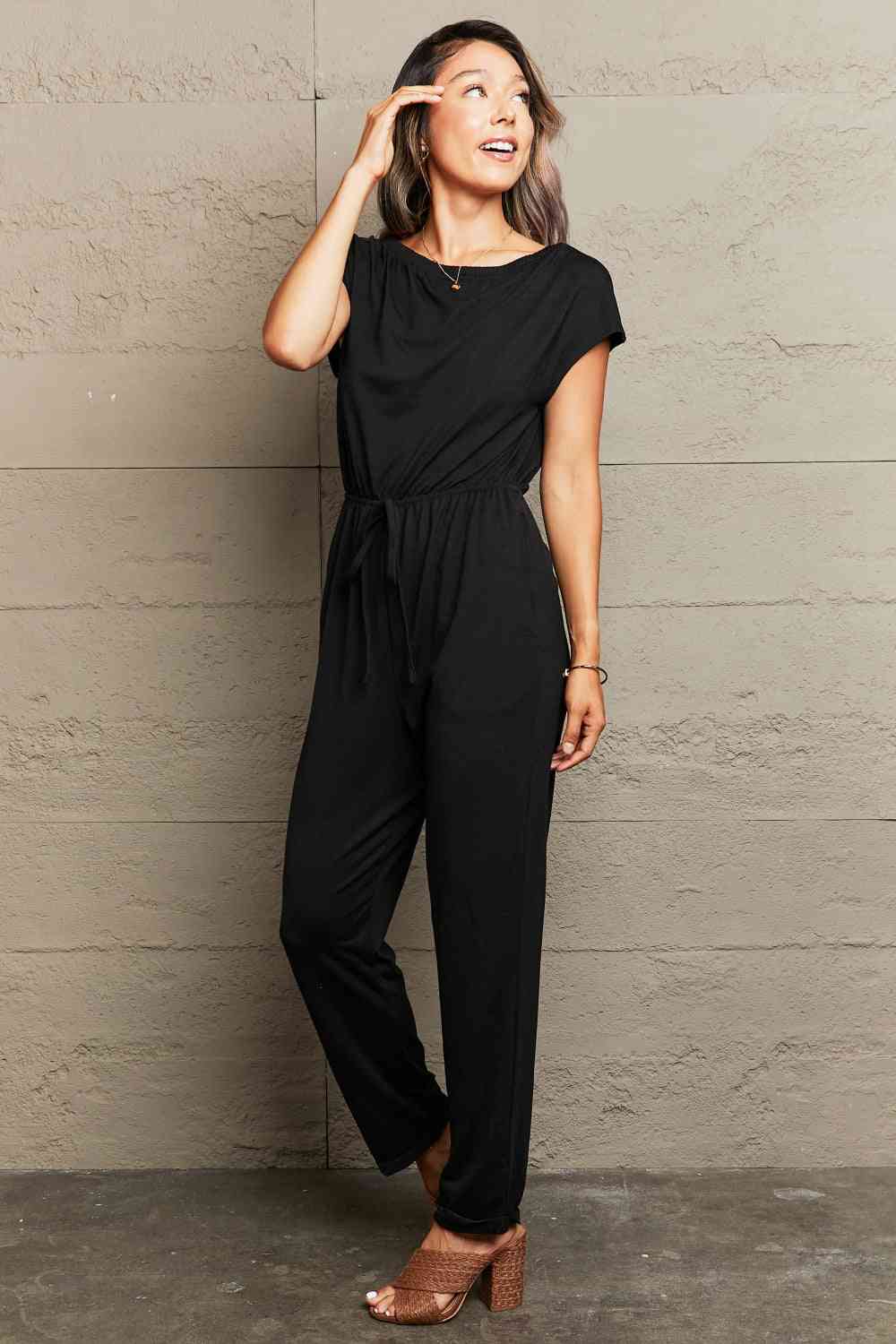 Boat Neck Short Sleeve Jumpsuit with Pockets - TRENDMELO