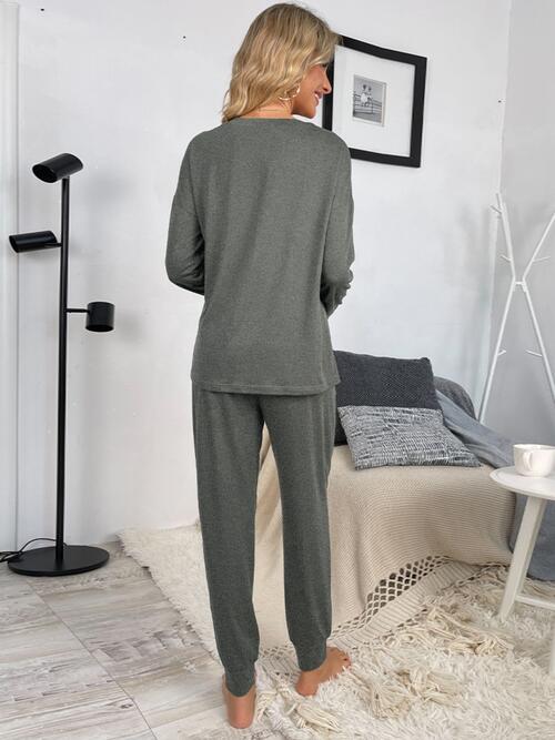 Round Neck Top and Drawstring Pants Lounge Set - TRENDMELO