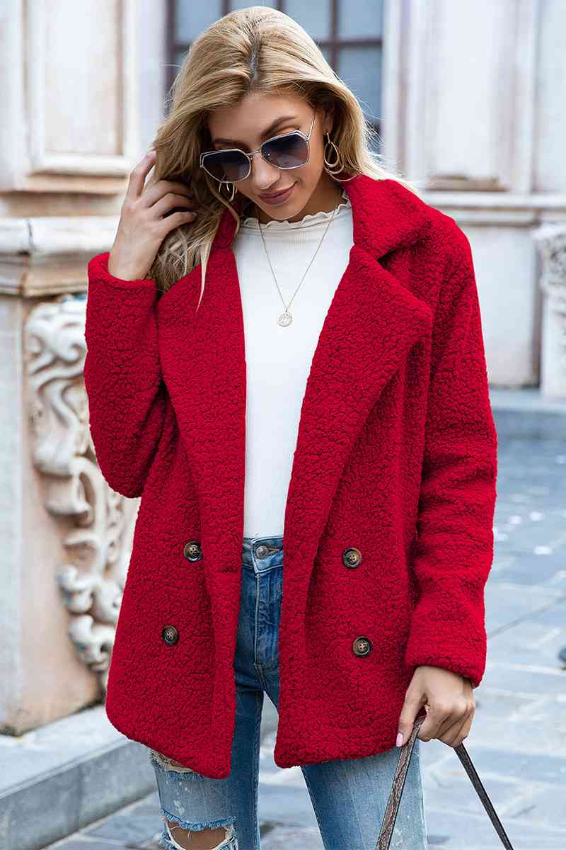 Full Size Lapel Collar Sherpa Coat - TRENDMELO