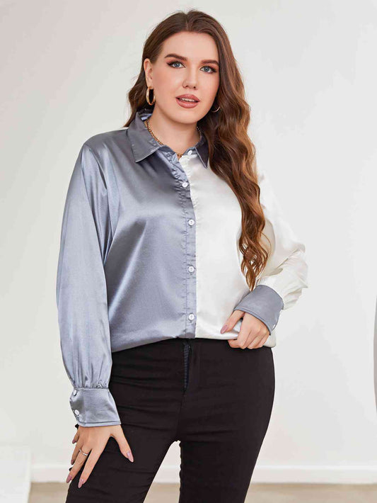 Plus Size Two-Tone Long Sleeve Shirt - TRENDMELO