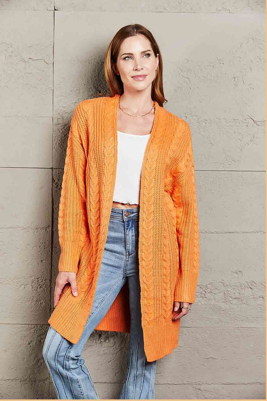 Double Take Cable-Knit Open Front Sweater Cardigan - TRENDMELO