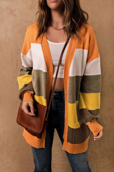 Color Block Lantern Sleeve Open Front Cardigan with Pockets - TRENDMELO