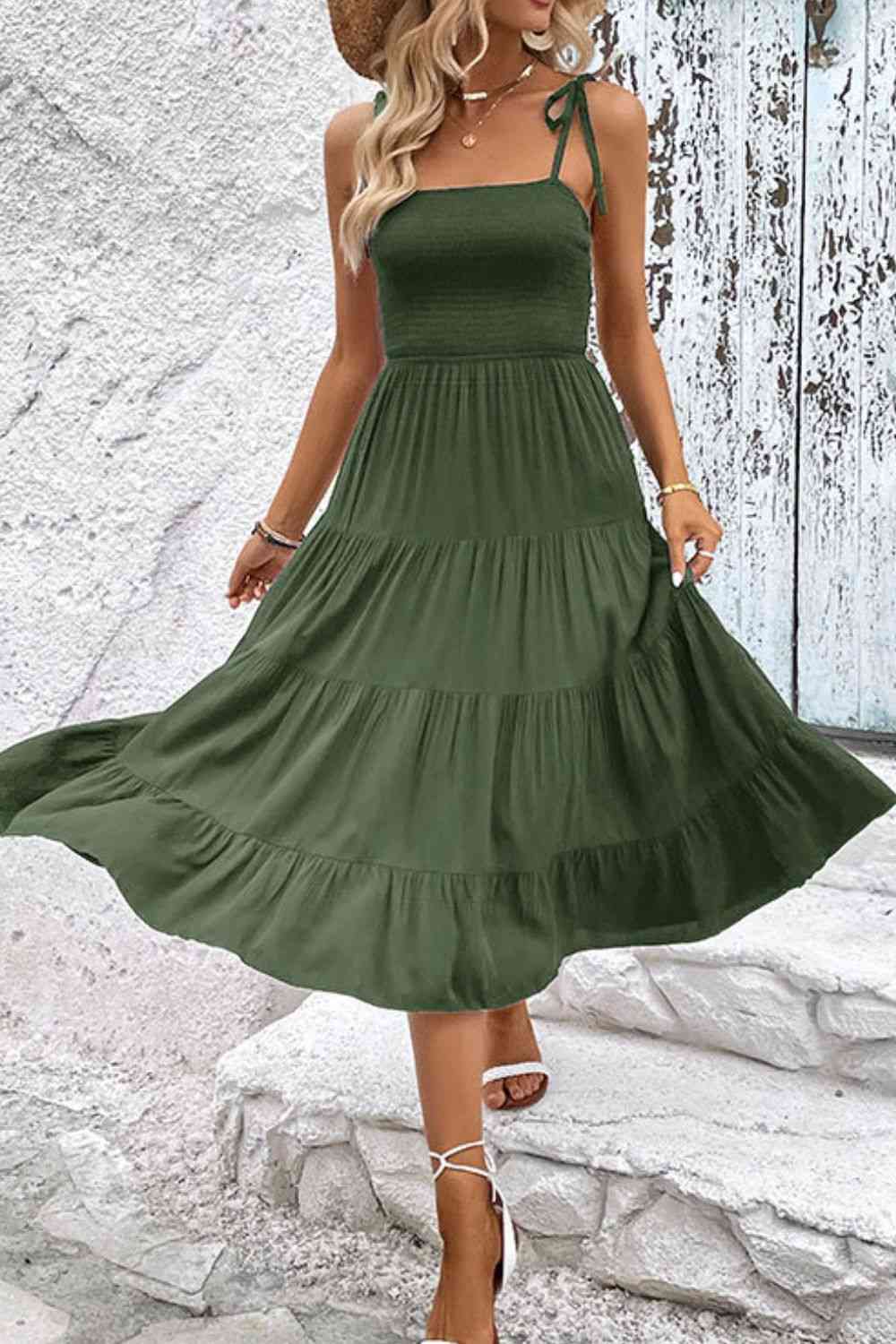 Tie-Shoulder Tiered Midi Dress - TRENDMELO