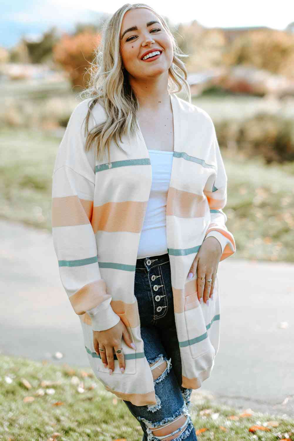 Plus Size Striped Open Front Cardigan - TRENDMELO