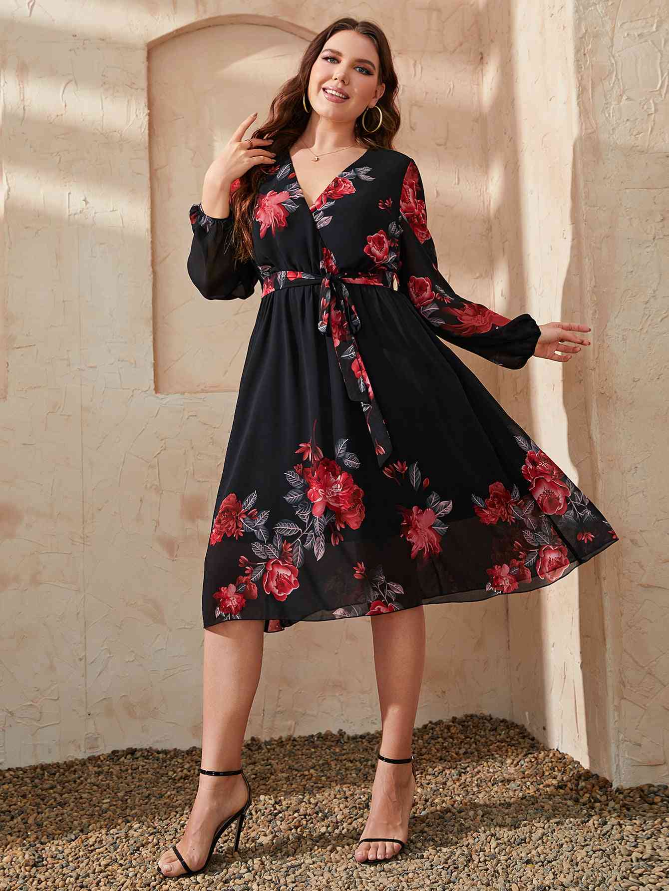 Plus Size Floral Surplice Neck Tie Waist Dress - TRENDMELO