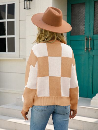 Checkered Round Neck Dropped Shoulder Sweater - TRENDMELO