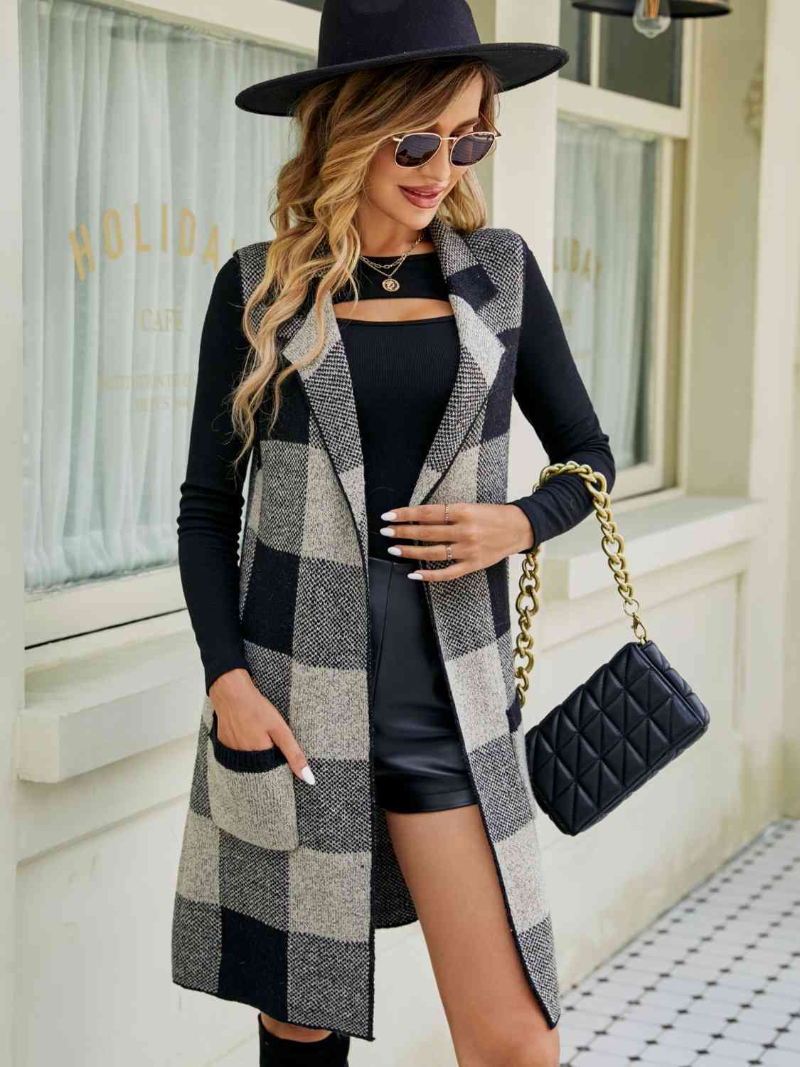 Plaid Lapel Collar Sleeveless Cardigan - TRENDMELO