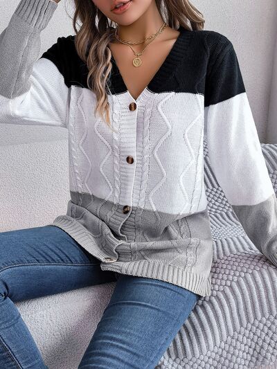 Cable-Knit Striped Button Up Cardigan - TRENDMELO