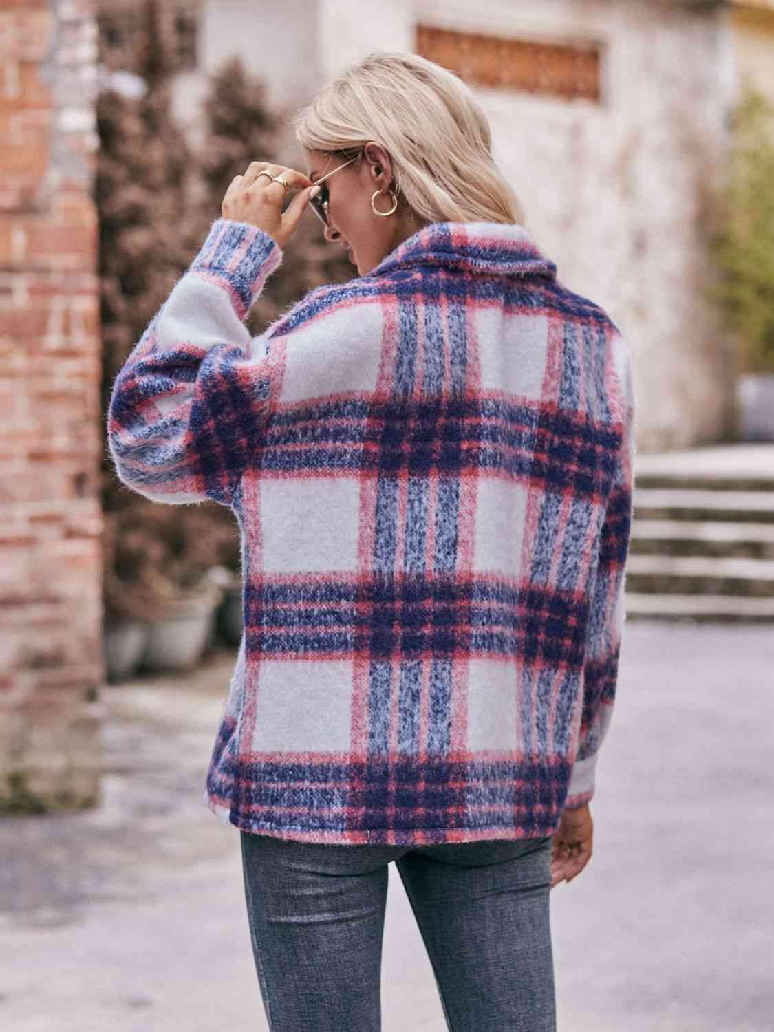 Plaid Dropped Shoulder Collared Jacket - TRENDMELO