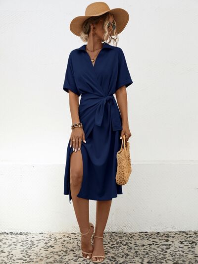 Tied Slit Short Sleeve Dress - TRENDMELO