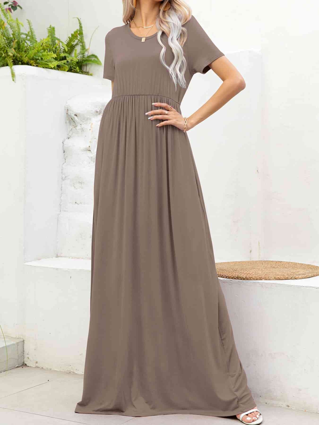 Round Neck Short Sleeve Maxi Dress with Pockets - TRENDMELO