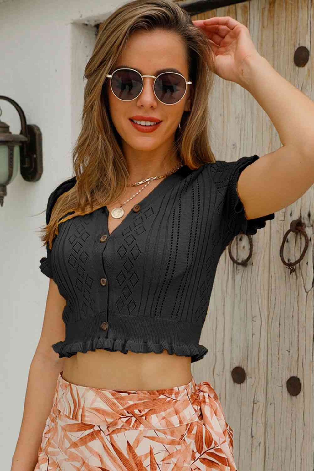 Buttoned Frill Hem Cropped Knit Top - TRENDMELO
