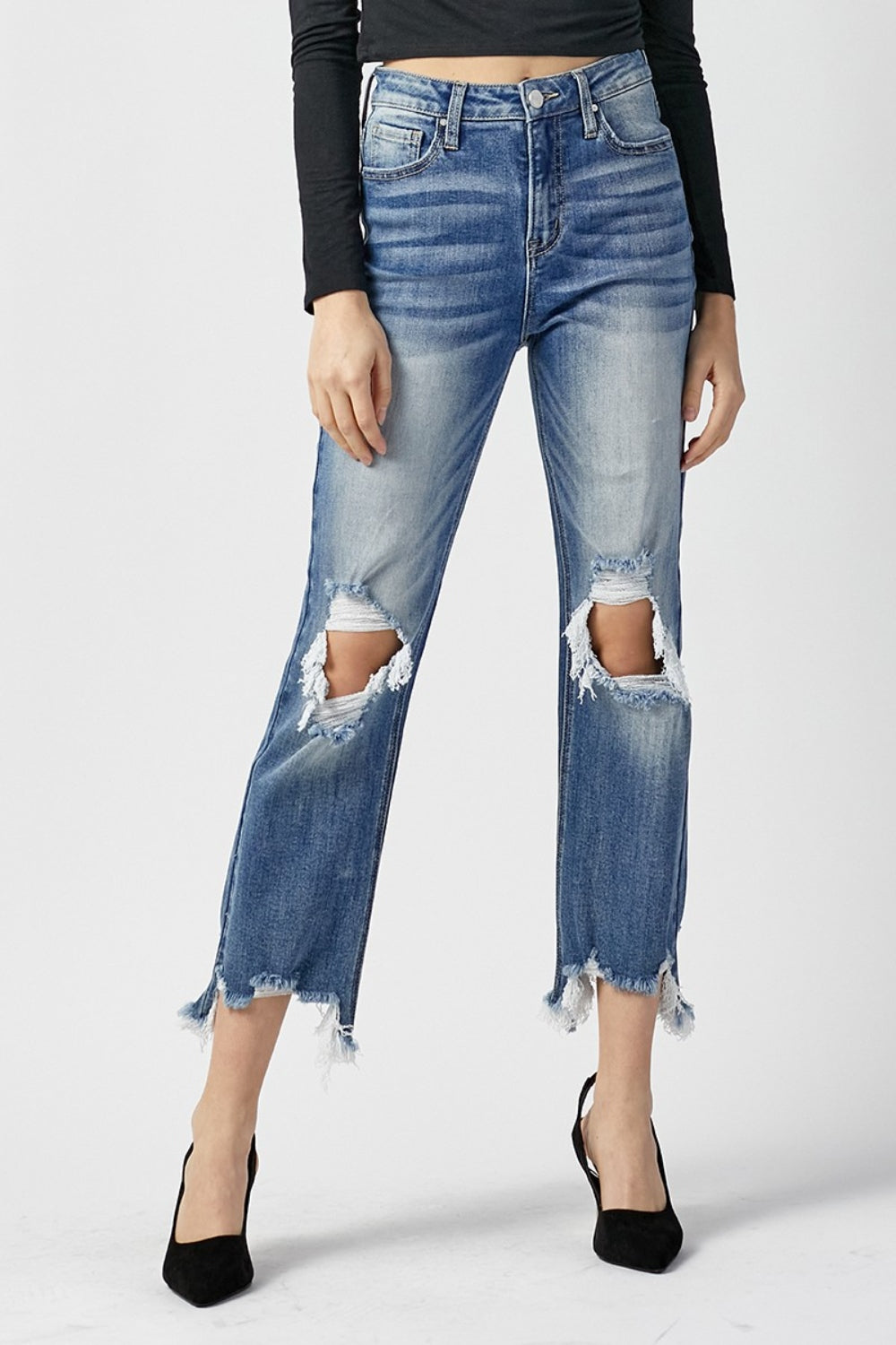 RISEN High Waist Distressed Frayed Hem Cropped Straight Jeans - TRENDMELO