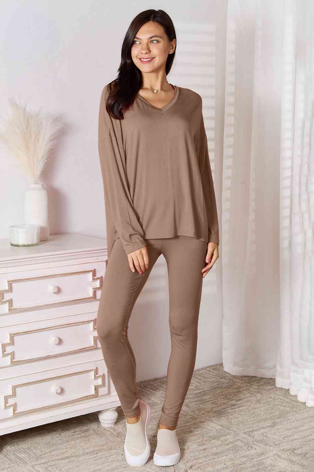 Basic Bae Full Size V-Neck Soft Rayon Long Sleeve Top and Pants Lounge Set - TRENDMELO