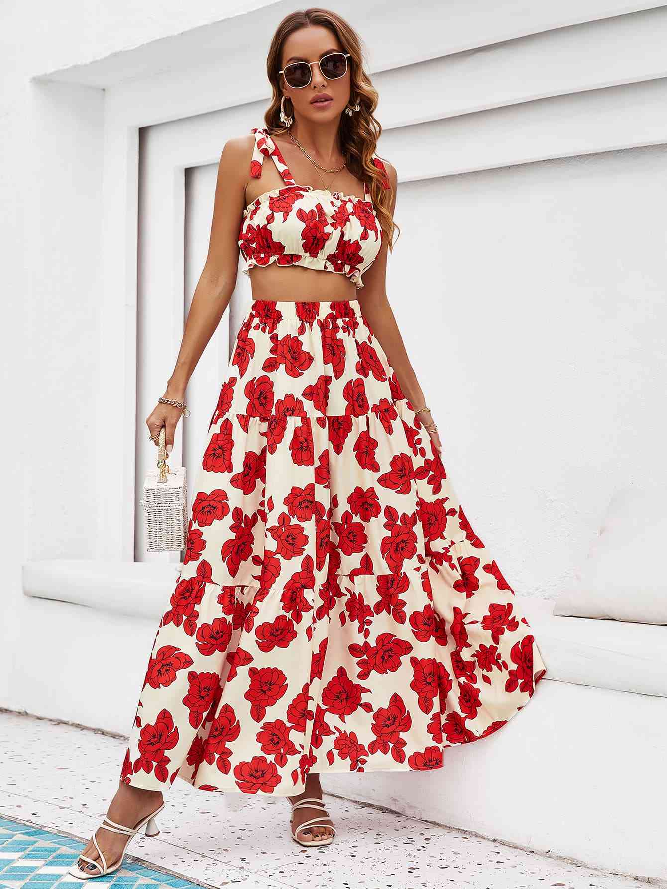 Floral Tie Shoulder Top and Tiered Maxi Skirt Set - TRENDMELO