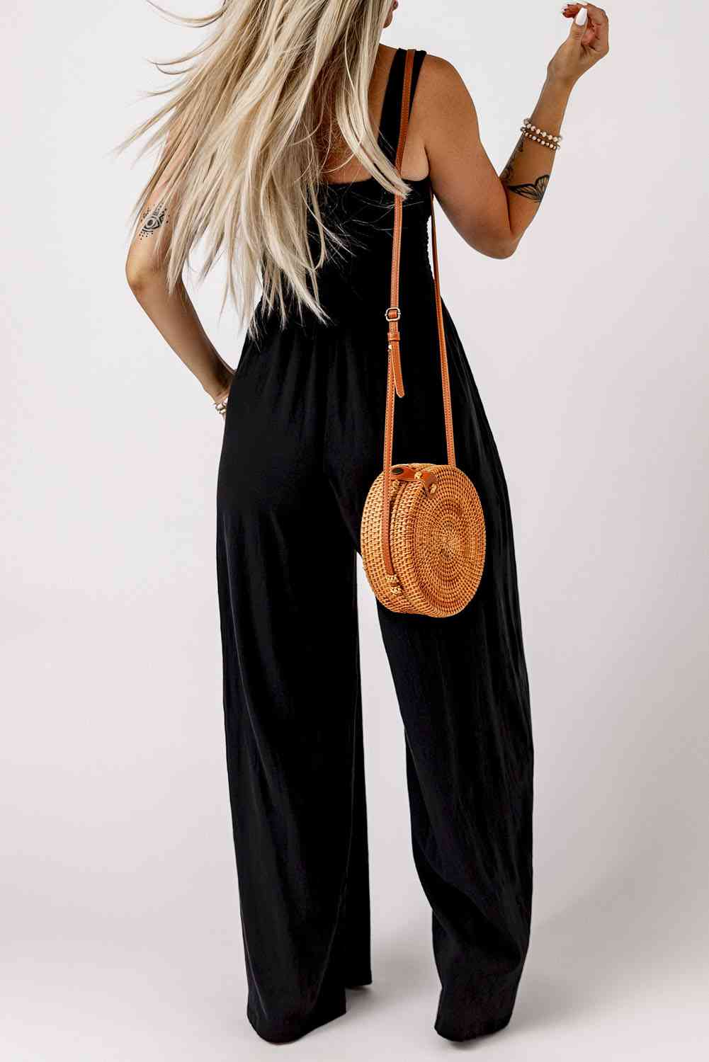 Smocked Square Neck Wide Leg Jumpsuit with Pockets - TRENDMELO