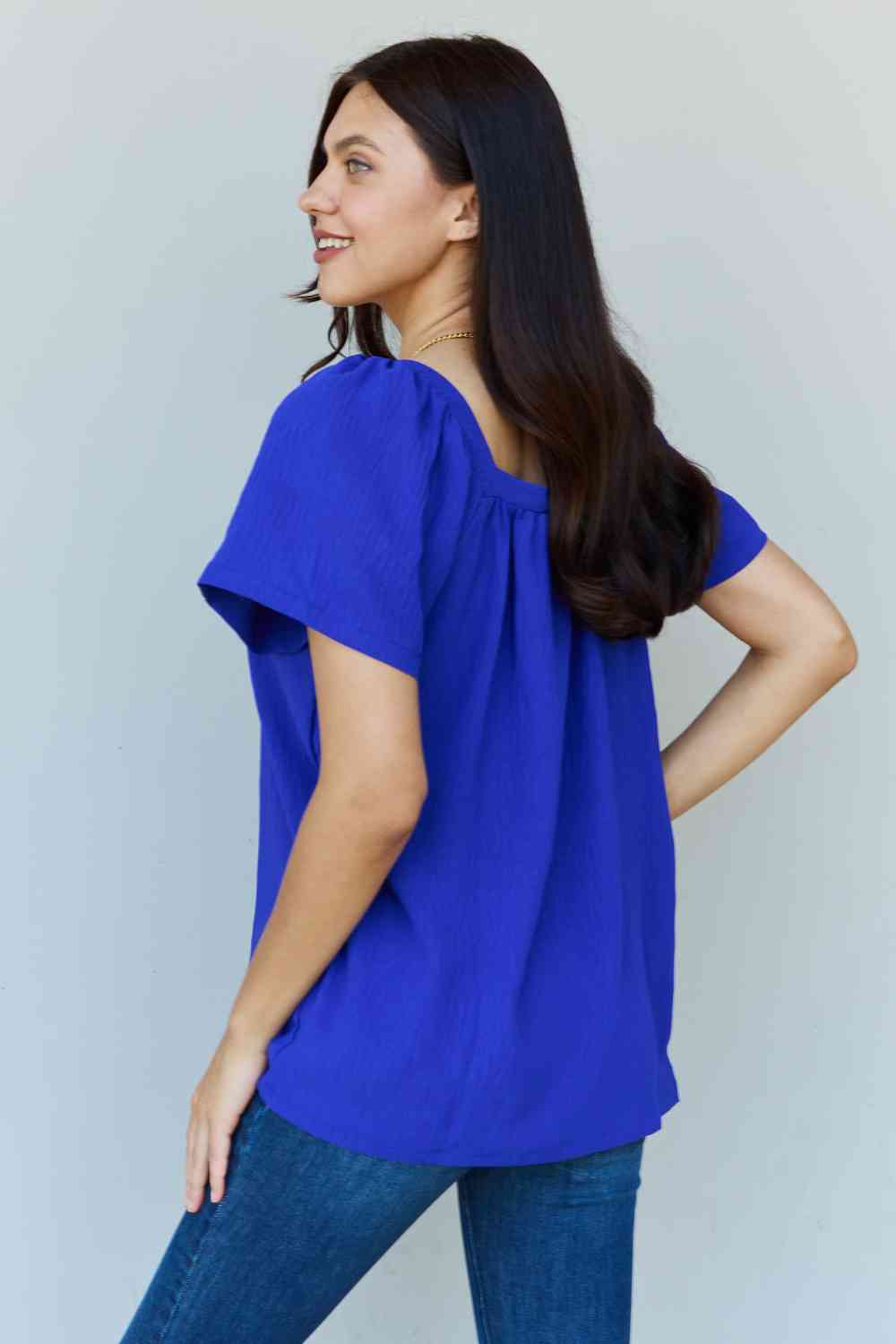 Ninexis Keep Me Close Square Neck Short Sleeve Blouse in Royal - TRENDMELO