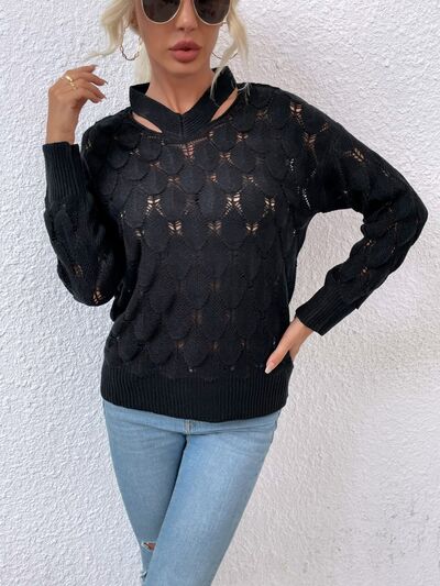 Openwork Cutout Dropped Shoulder Sweater - TRENDMELO