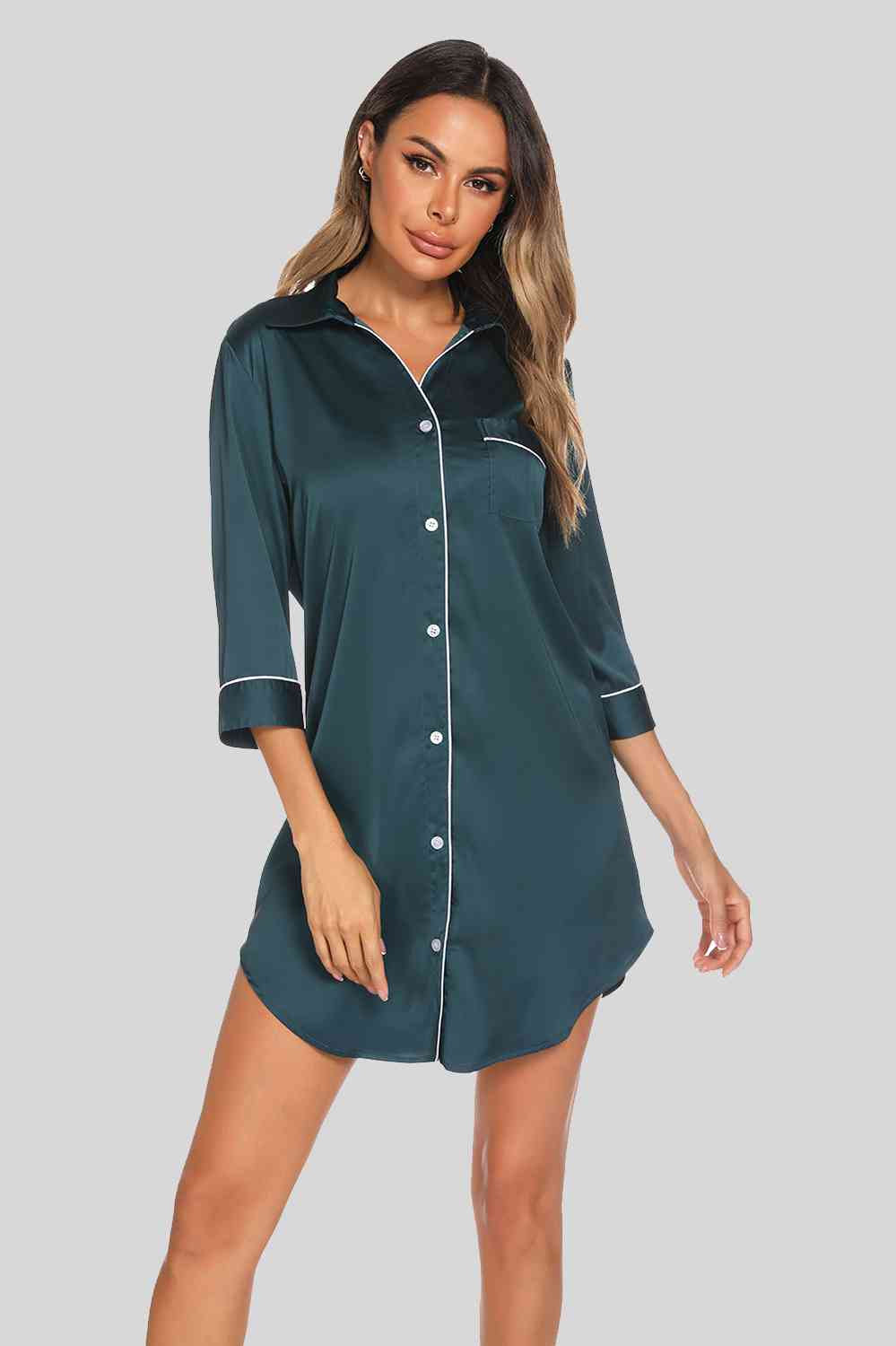Button Up Collared Neck Night Dress with Pocket - TRENDMELO