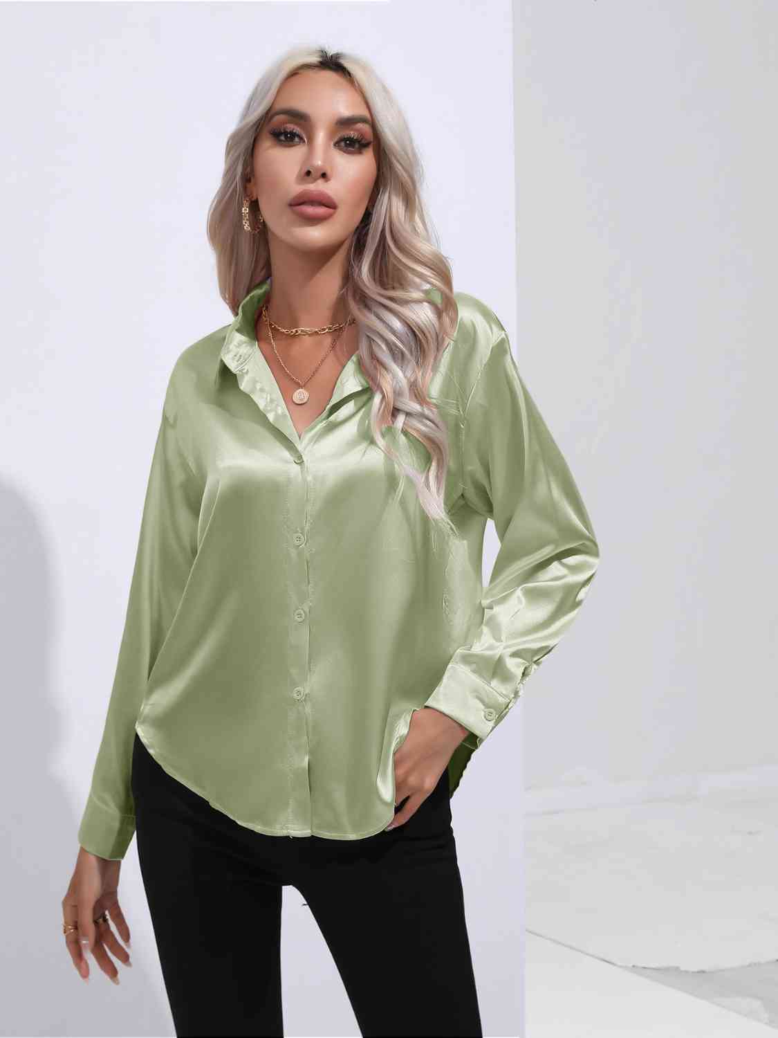 Collared Neck Buttoned Long Sleeve Shirt - TRENDMELO