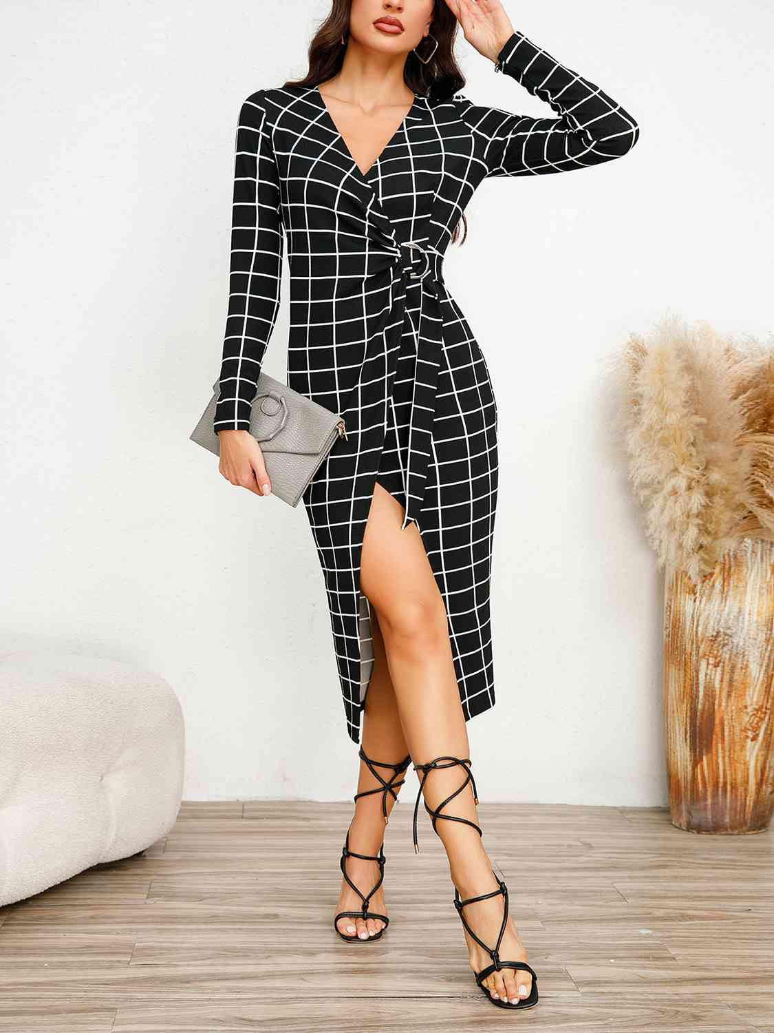 Plaid Long Sleeve Slit Dress - TRENDMELO