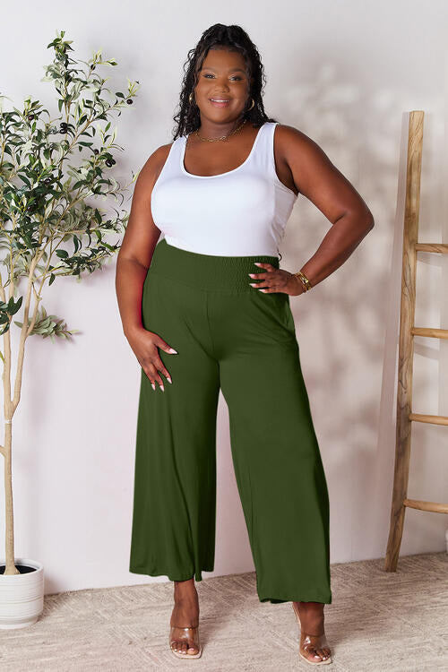 Double Take Full Size Smocked Wide Waistband Wide Leg Pants - TRENDMELO