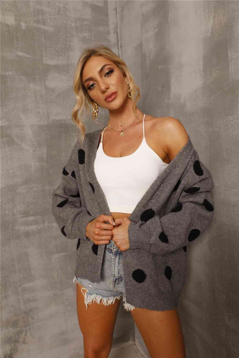 Dropped Shoulder Polka Dot Cardigan - TRENDMELO