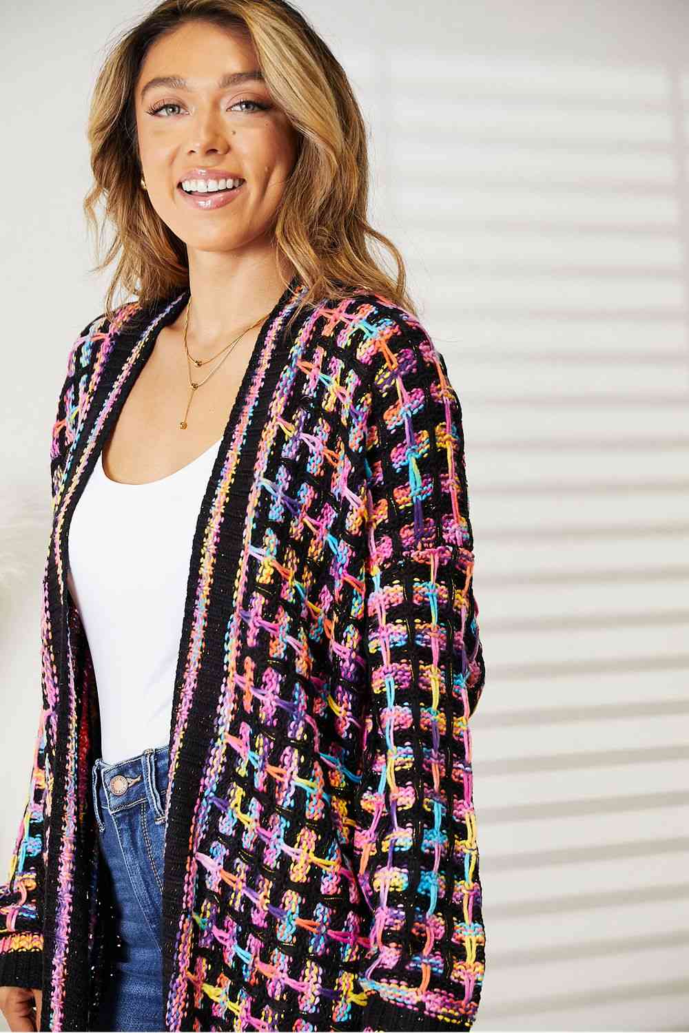 Double Take Full Size Multicolored Open Front Fringe Hem Cardigan - TRENDMELO