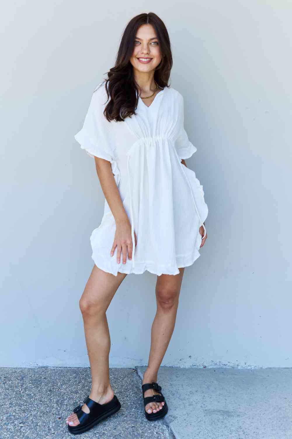 Ninexis Out Of Time Full Size Ruffle Hem Dress with Drawstring Waistband in White - TRENDMELO