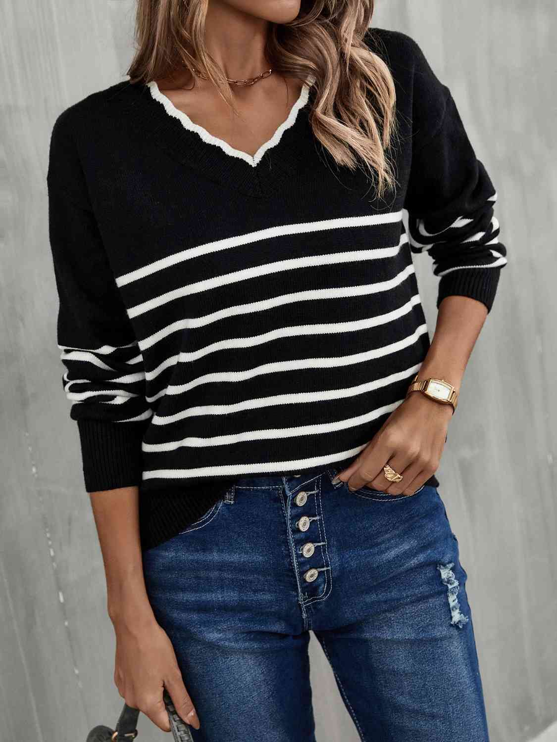 Striped V-Neck Drop Shoulder Sweater - TRENDMELO