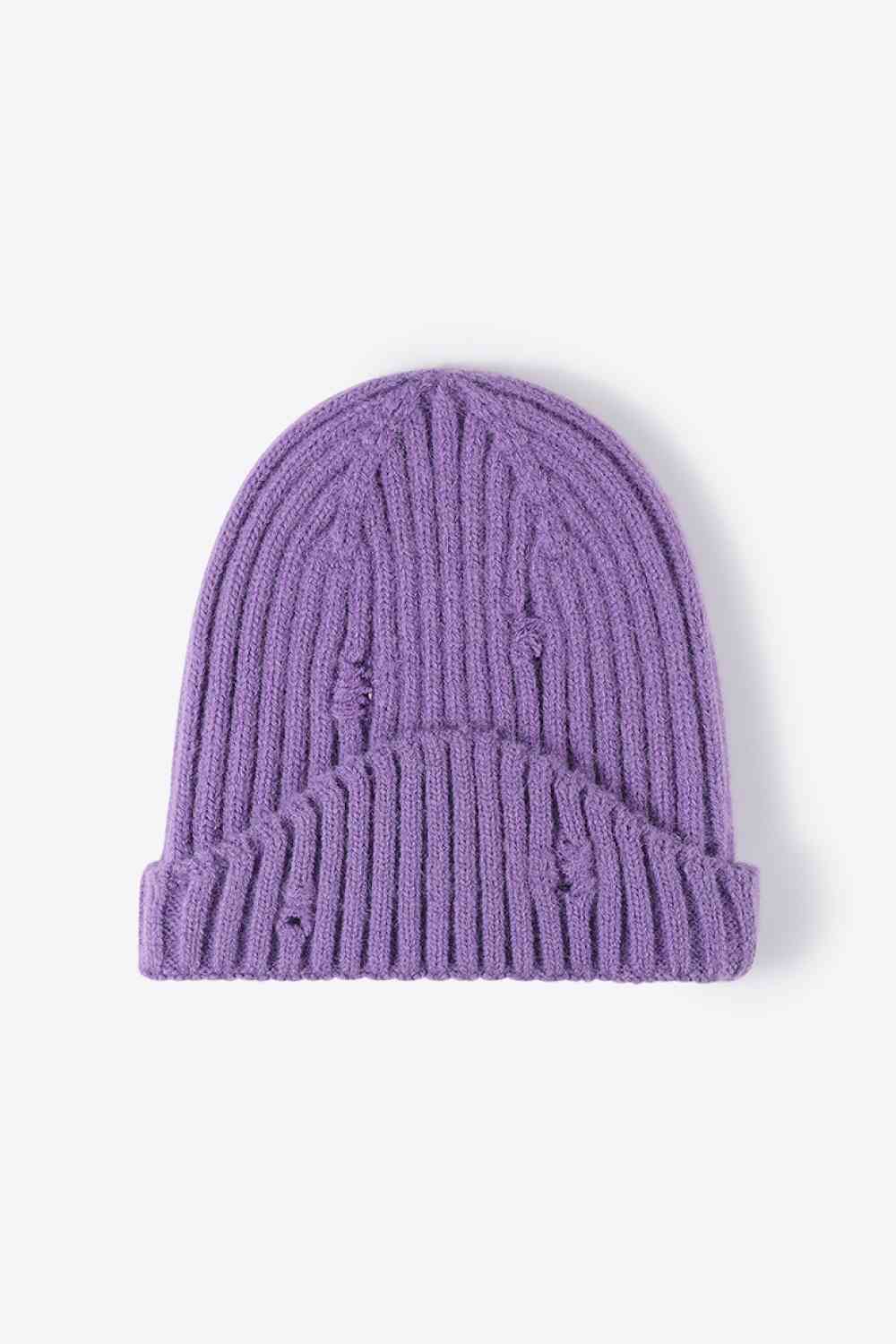 Distressed Rib-Knit Beanie - TRENDMELO