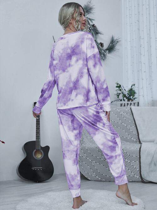 Tie-dye Round Neck Top and Drawstring Pants Lounge Set - TRENDMELO