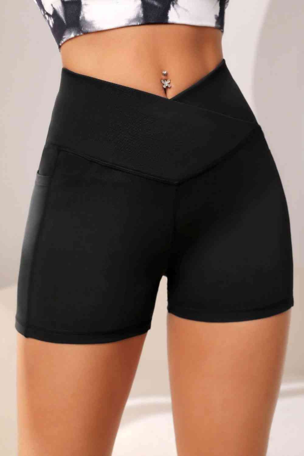 Wide Waistband Active Shorts with Pocket - TRENDMELO