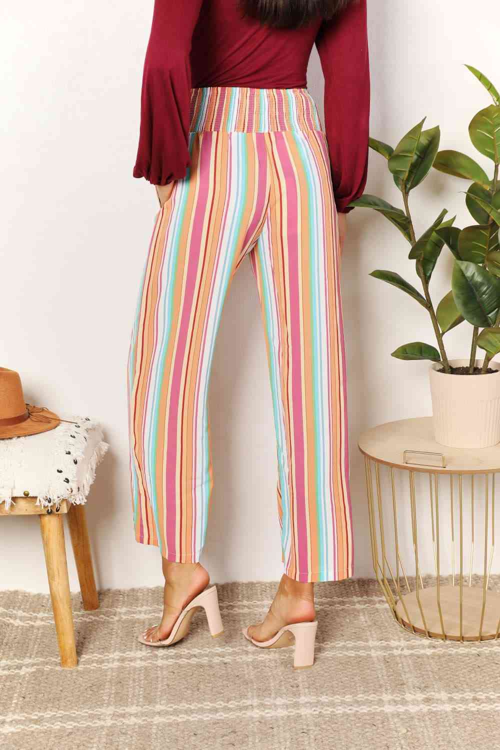 Double Take Striped Smocked Waist Pants with Pockets - TRENDMELO