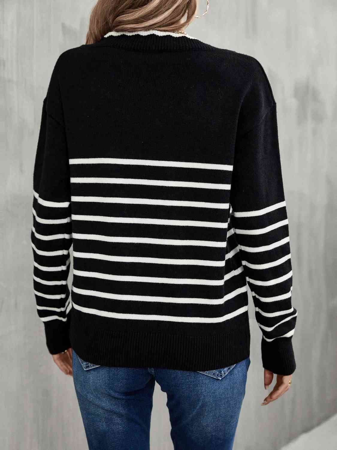 Striped V-Neck Drop Shoulder Sweater - TRENDMELO
