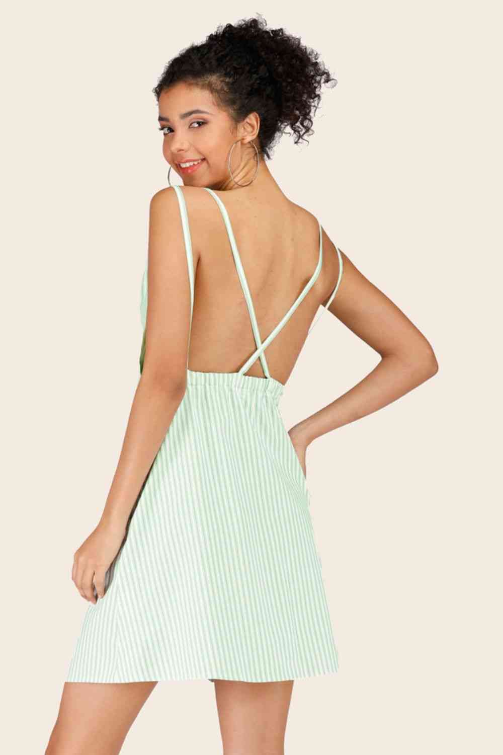 Striped Crisscross Deep V Sleeveless Dress - TRENDMELO