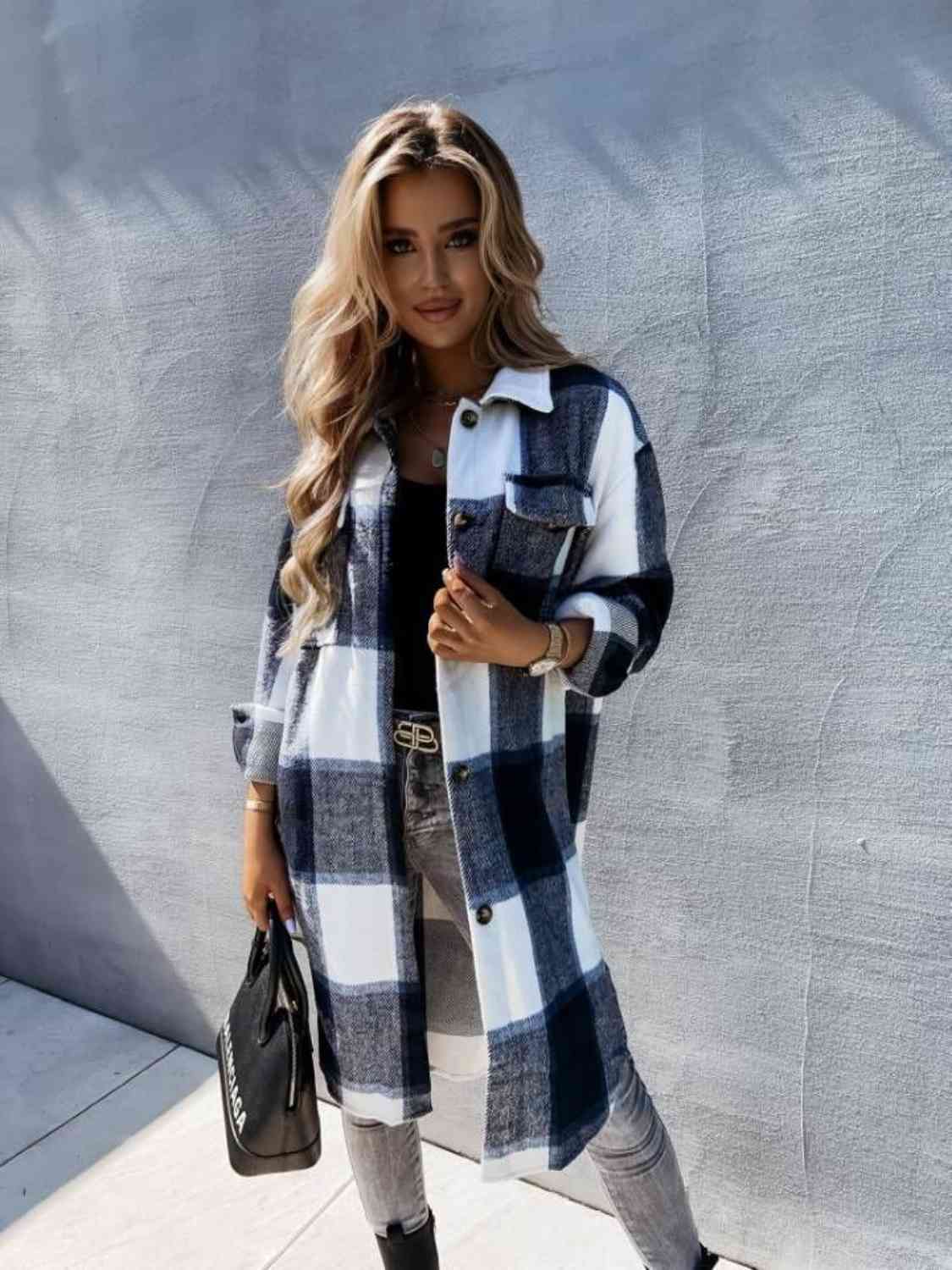 Plaid Collared Neck Longline Shirt - TRENDMELO