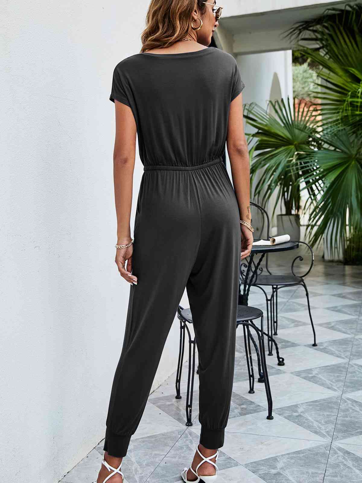 Drawstring Waist Short Sleeve Jogger Jumpsuit - TRENDMELO