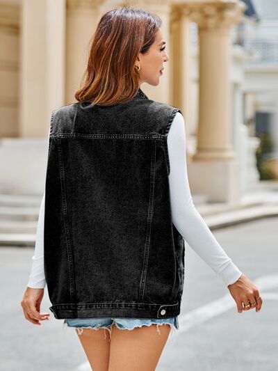 Pocketed Button Up Sleeveless Denim Jacket - TRENDMELO