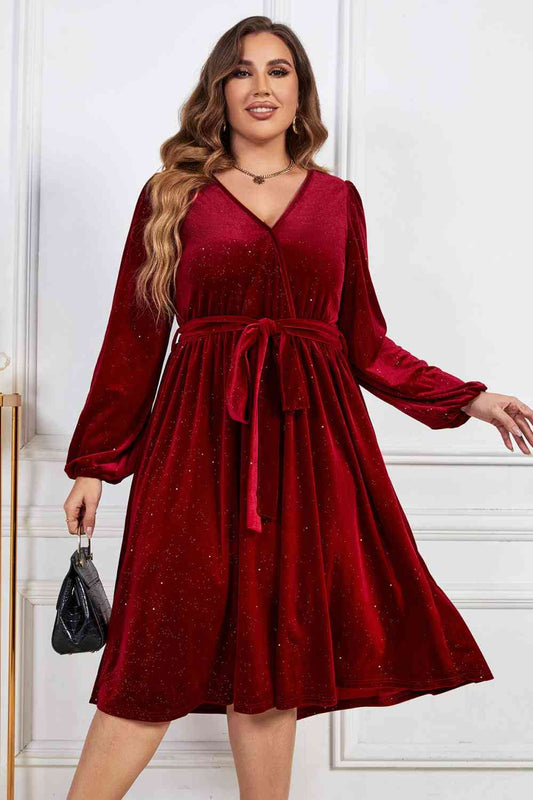 Melo Apparel Plus Size Surplice Neck Balloon Sleeve Tie Belt Midi Dress - TRENDMELO