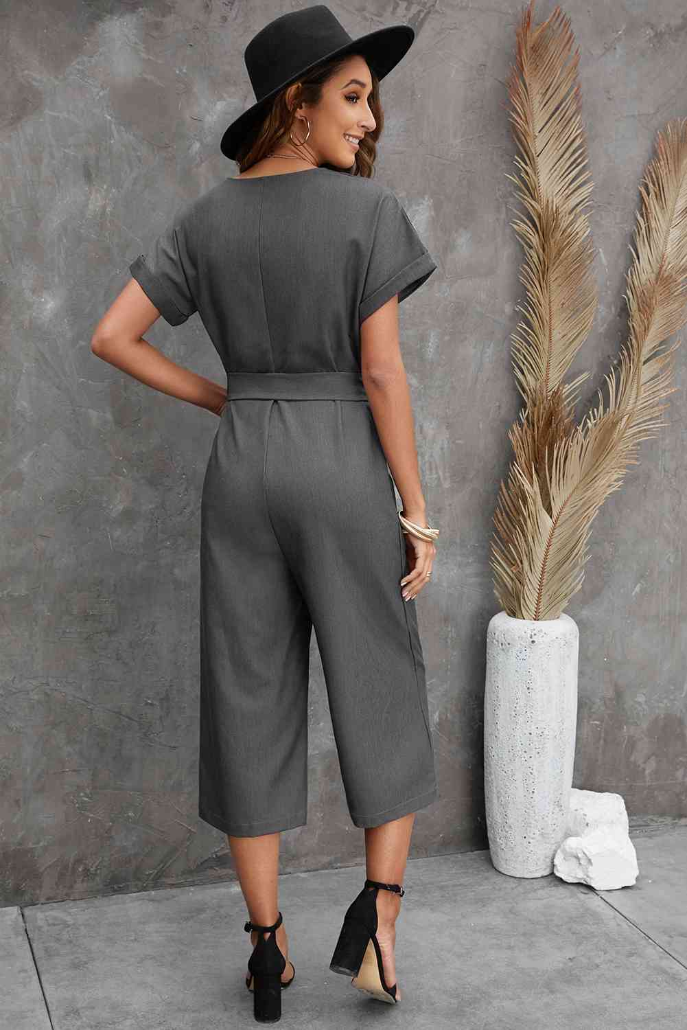 Button Front Belted Cropped Jumpsuit with Pockets - TRENDMELO