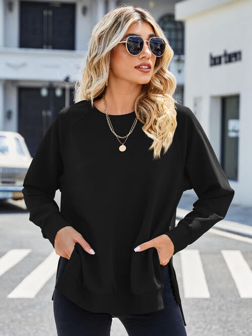 Zip Detail Round Neck Long Sleeve Sweatshirt - TRENDMELO