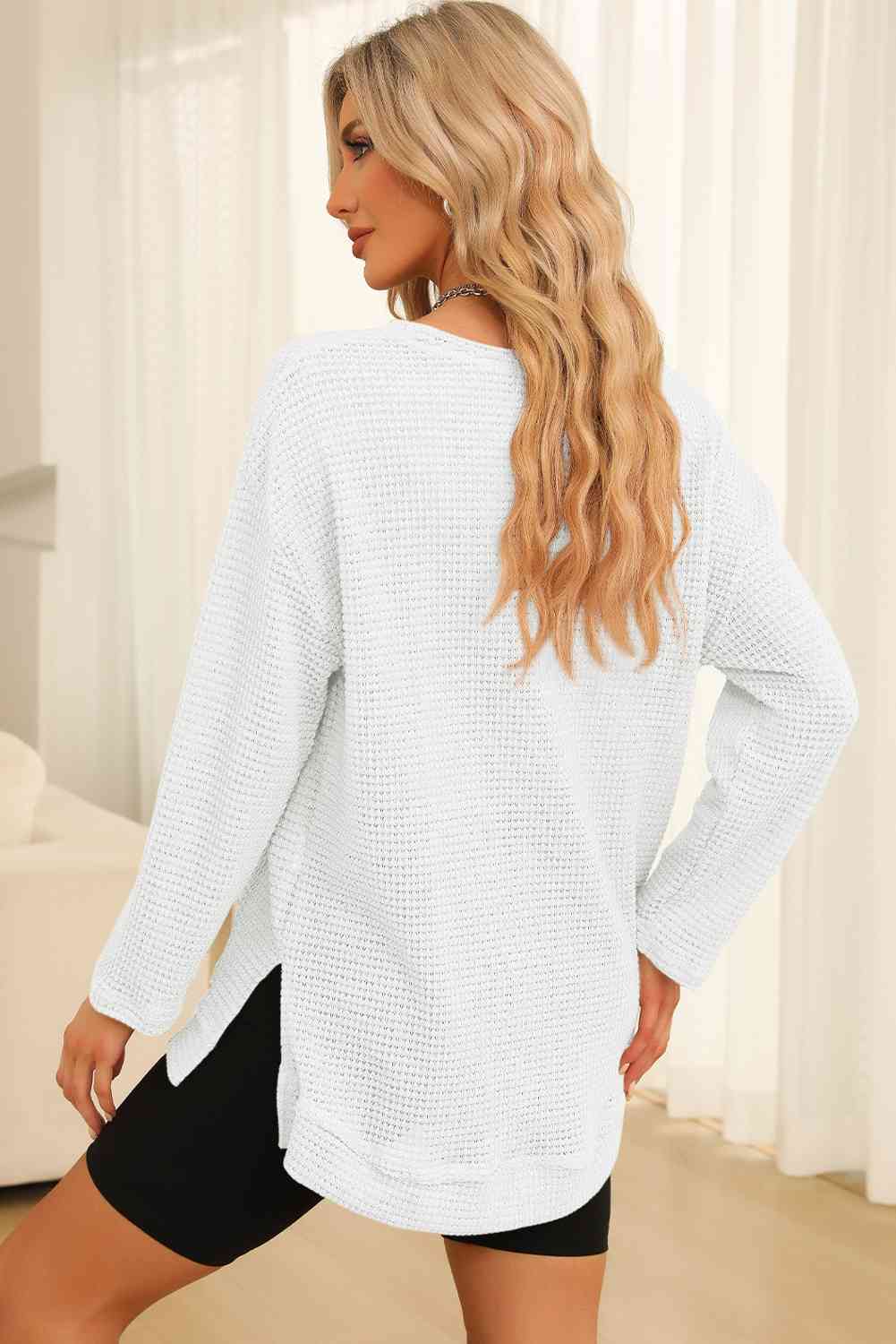 Waffle-Knit Round Neck Long Sleeve Sweatshirt - TRENDMELO