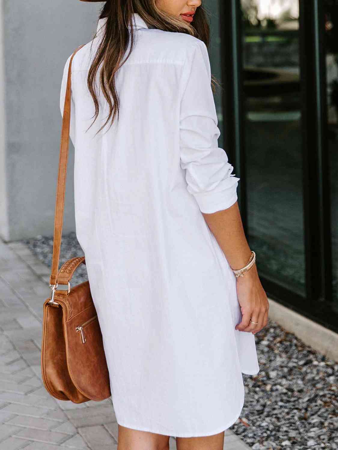 Button Up Collared Neck Long Sleeve Shirt Dress - TRENDMELO