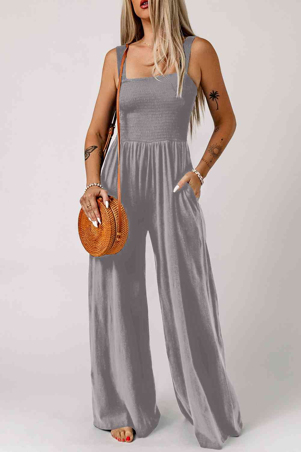 Smocked Square Neck Wide Leg Jumpsuit with Pockets - TRENDMELO