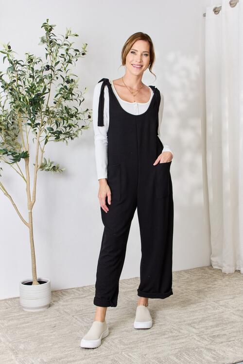 Celeste Full Size Ribbed Tie Shoulder Sleeveless Ankle Overalls - TRENDMELO