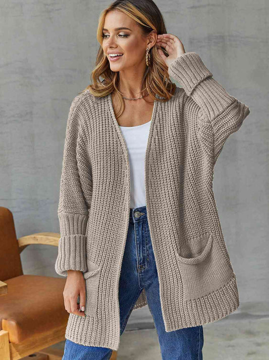 Open Front Long Sleeve Cardigan with Pockets - TRENDMELO