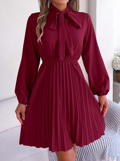 Tie Neck Balloon Sleeve Pleated Dress - TRENDMELO